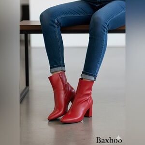 Baxboo Red Faux Leather Ankle Boots